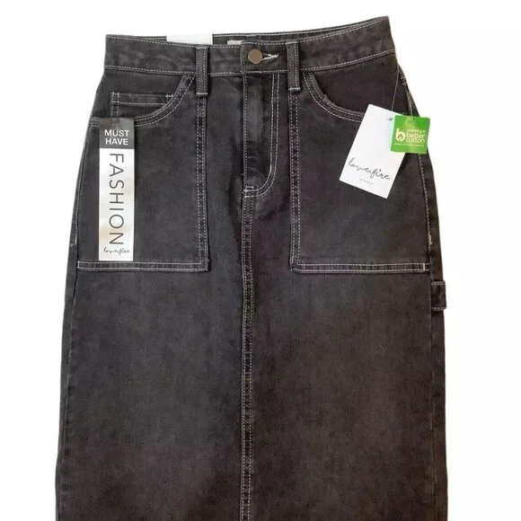 New LOVE FIRE Cargo Denim Maxi Jean Skirt Black Size 0 Love Fire Back Slit Tags - Picture 5 of 9